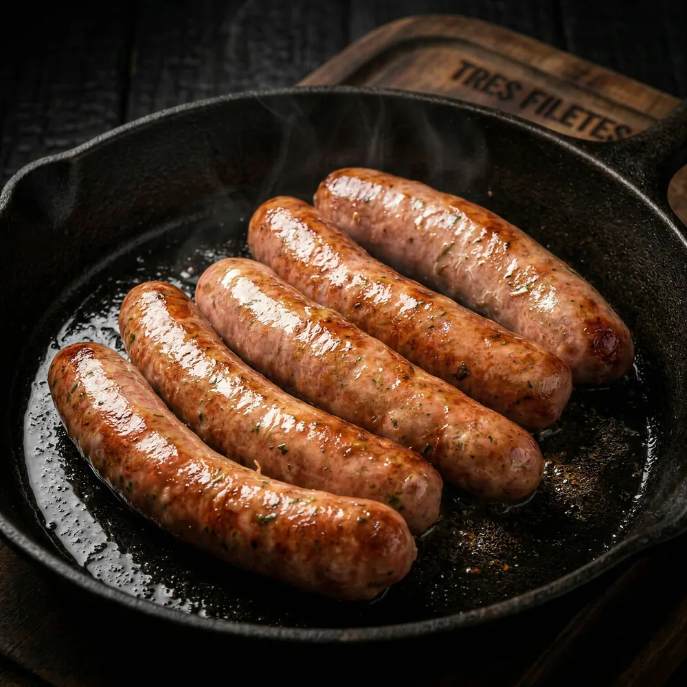 Chorizos antioqueños dorándose en sartén de hierro