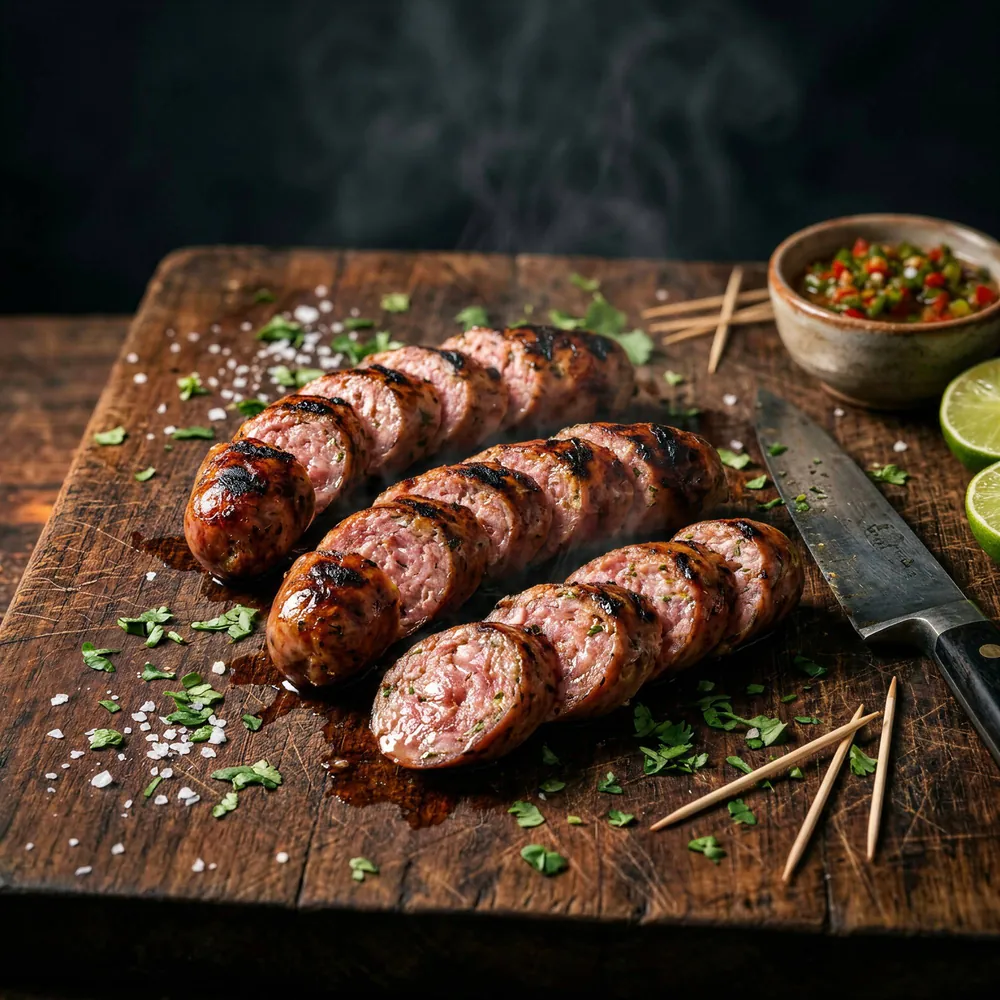 Chorizo antioqueño asado y tajado sobre tabla con hogao
